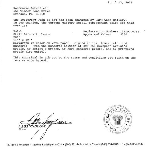 "Still Life with Lemon" by Dimitri Polak Serigraph - Picture 6 of 7